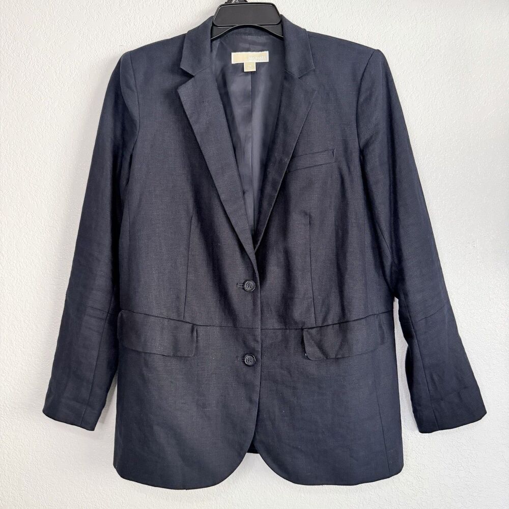 Michael Kors 100% Linen Blazer Size 14 Navy Blue Corporate Workwear Minimalist